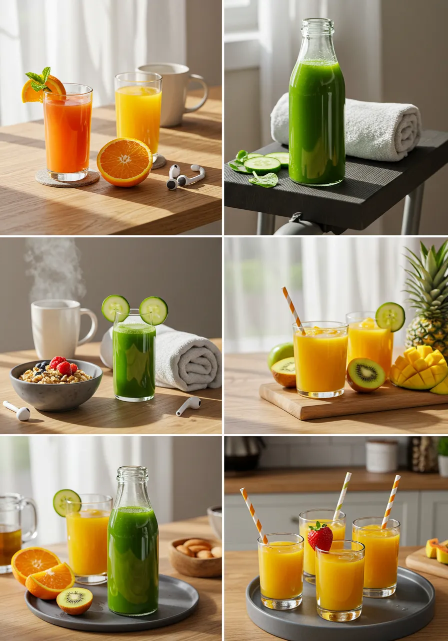 A variety of colorful juice combinations in clear glasses with fresh fruits.