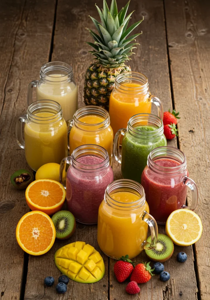 A variety of colorful juice combinations in clear glasses with fresh fruits.