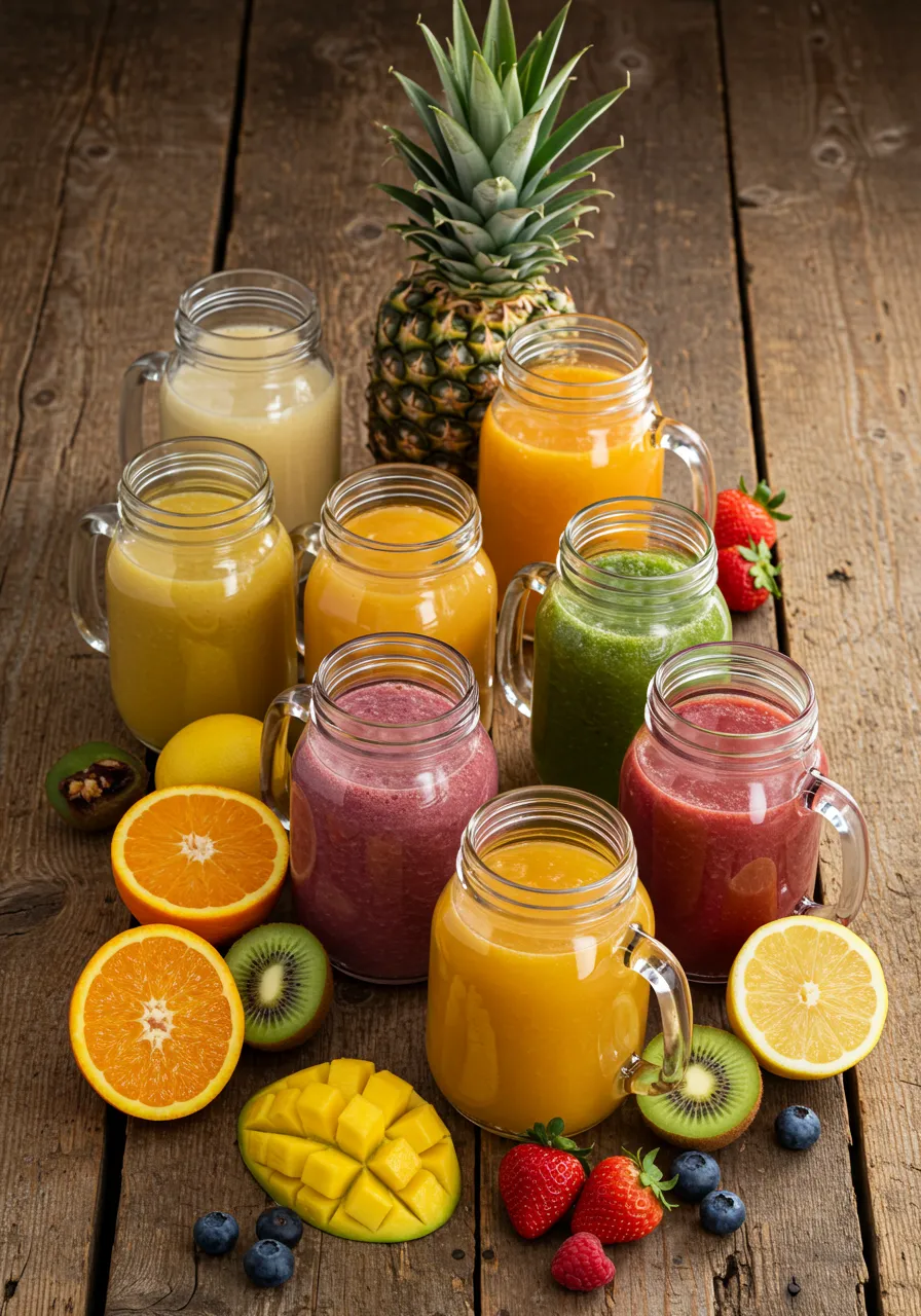 A variety of colorful juice combinations in clear glasses with fresh fruits.