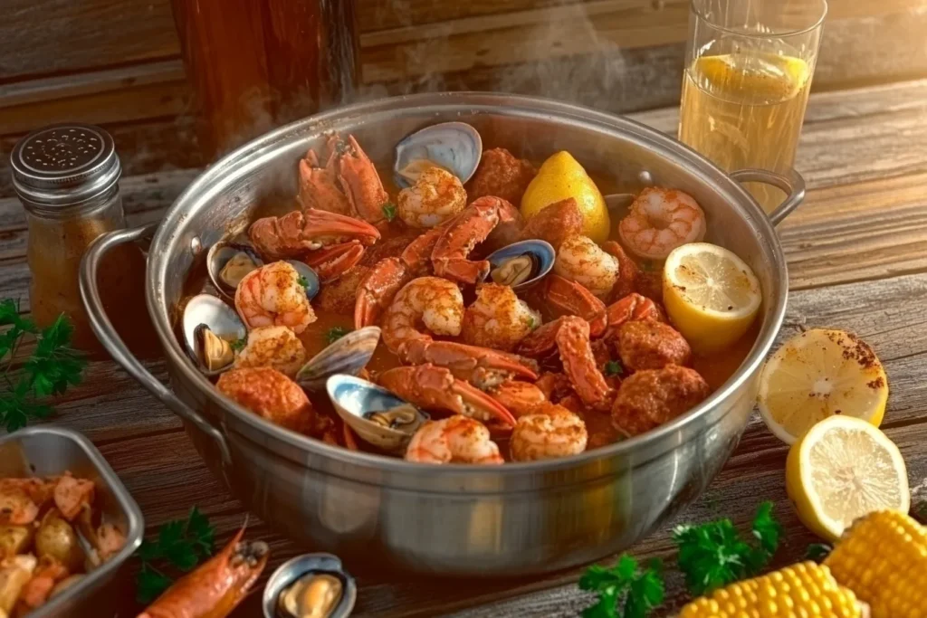 Juicy seafood boil with shrimp, mussels, clams, corn, and potatoes in garlic butter sauce.