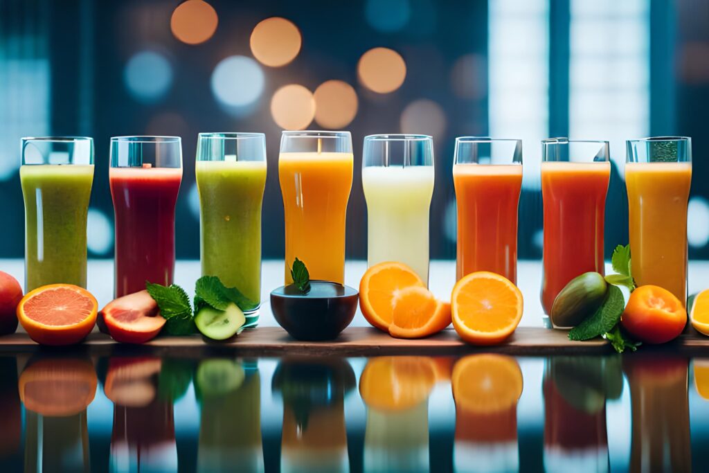 Colorful assortment of fresh fruit juices in glasses, showcasing popular combinations like orange, pineapple, and mango, as well as watermelon, strawberry, and mint, with vibrant fruits in the background.