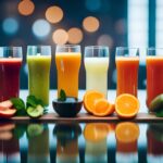 Colorful assortment of fresh fruit juices in glasses, showcasing popular combinations like orange, pineapple, and mango, as well as watermelon, strawberry, and mint, with vibrant fruits in the background.