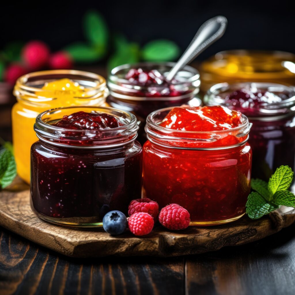 Colorful fruit-based jams made from fresh fruit