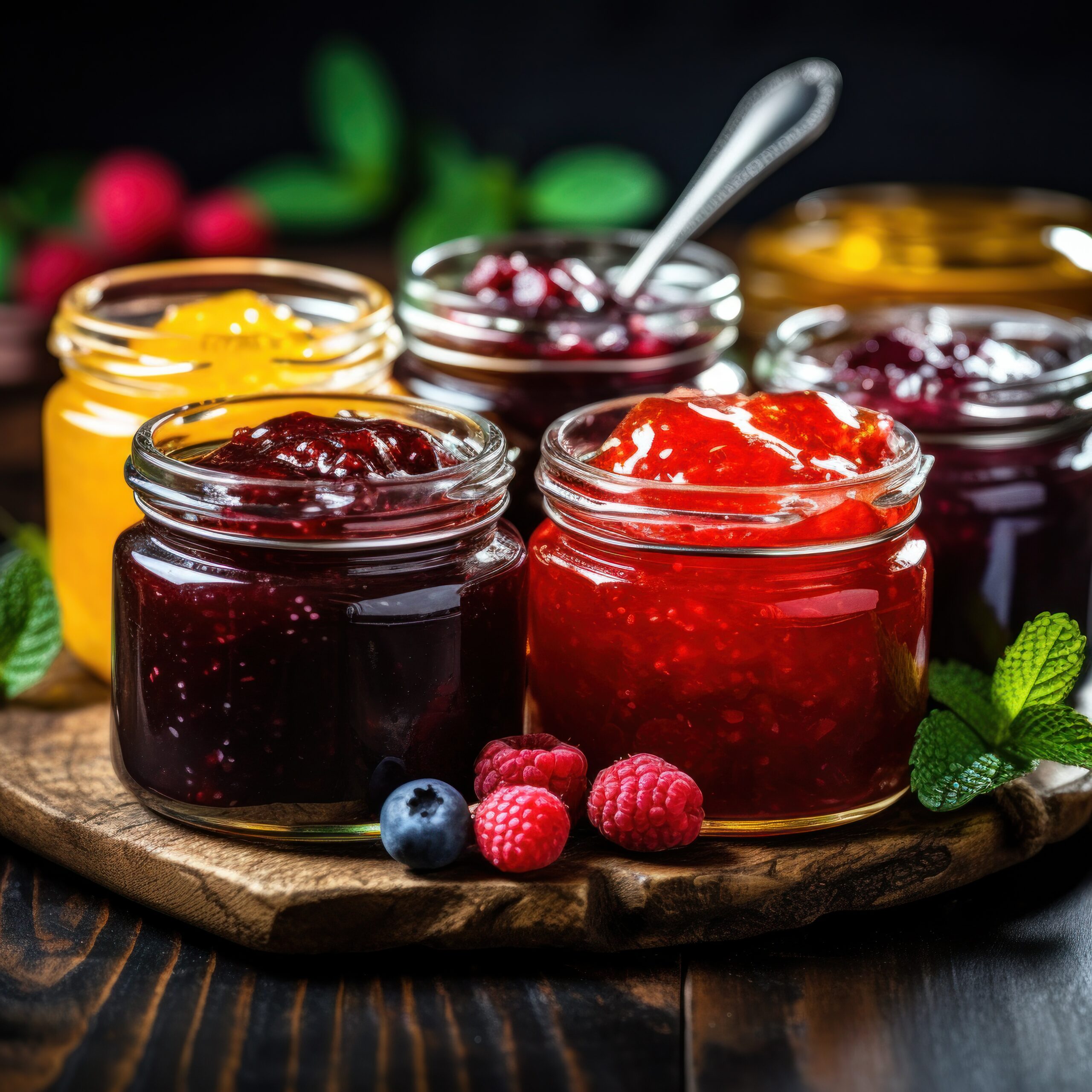 Colorful fruit-based jams made from fresh fruit