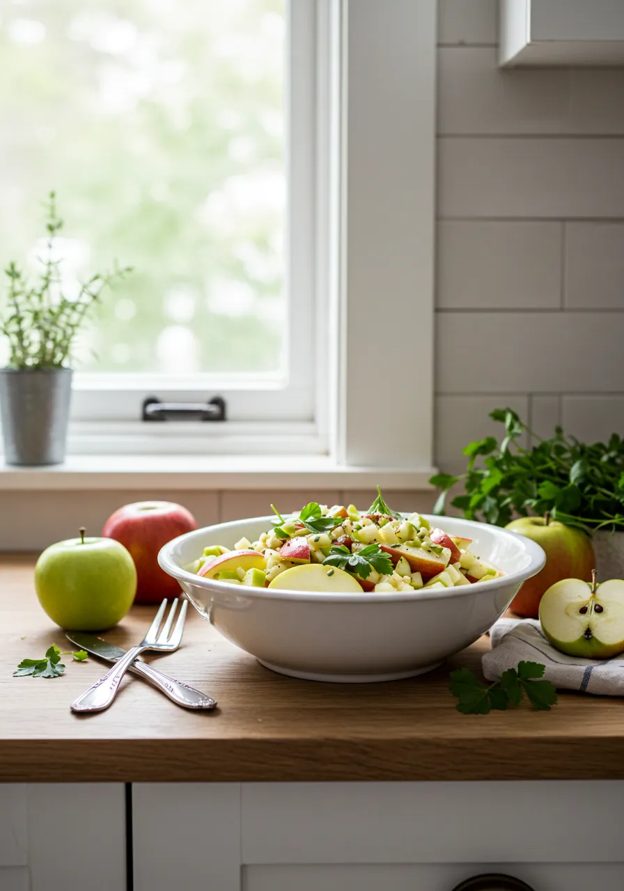 Freshly prepared Swiss Alpine Apple Salad in a glass bowl with apples, cheese, and herbs.