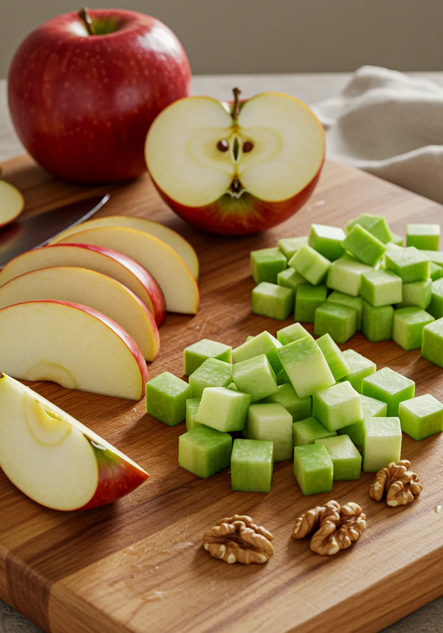 Freshly prepared Swiss Alpine Apple Salad in a glass bowl with apples, cheese, and herbs.