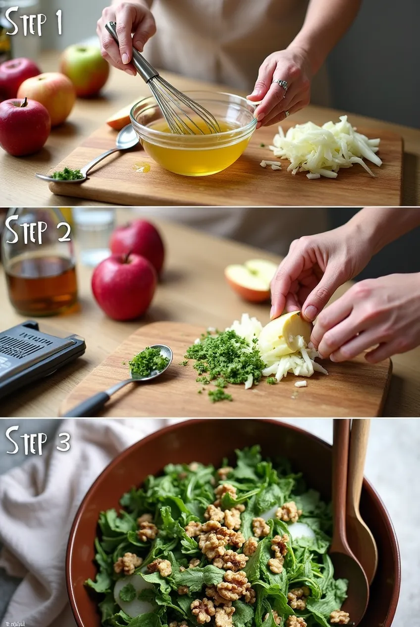 Freshly prepared Swiss Alpine Apple Salad in a glass bowl with apples, cheese, and herbs.