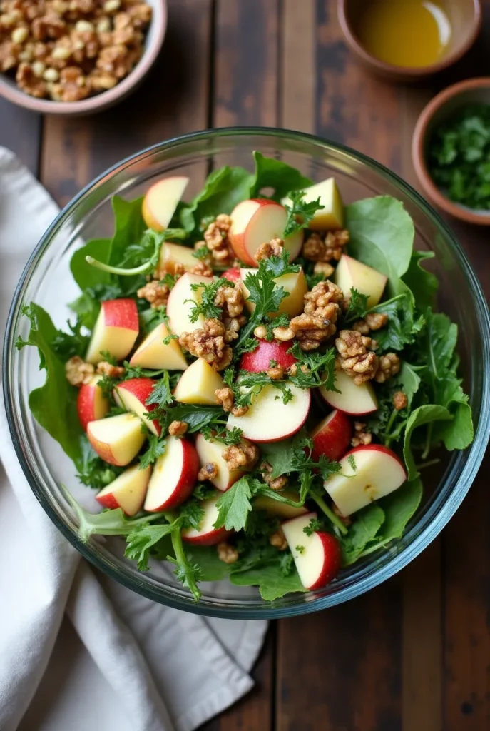Freshly prepared Swiss Alpine Apple Salad in a glass bowl with apples, cheese, and herbs.