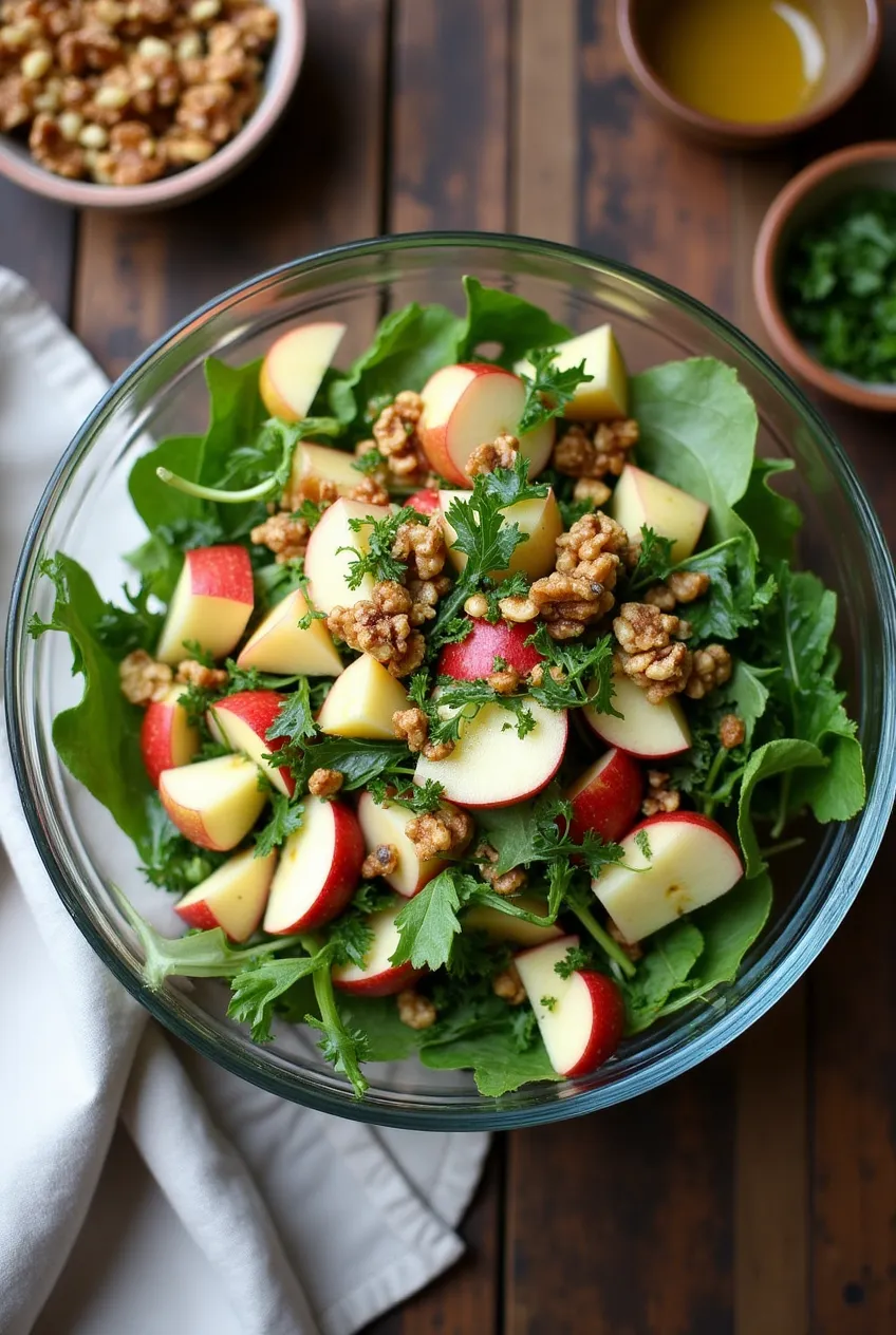 Freshly prepared Swiss Alpine Apple Salad in a glass bowl with apples, cheese, and herbs.