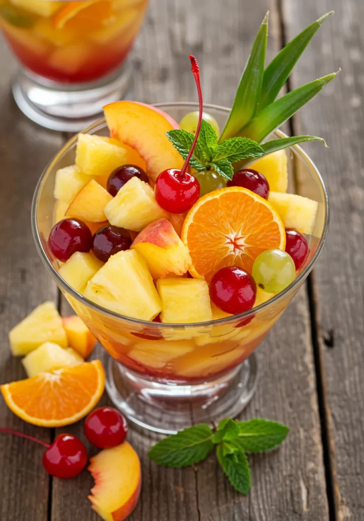 Colorful fruit cocktail in a glass bowl with fresh mint on top.