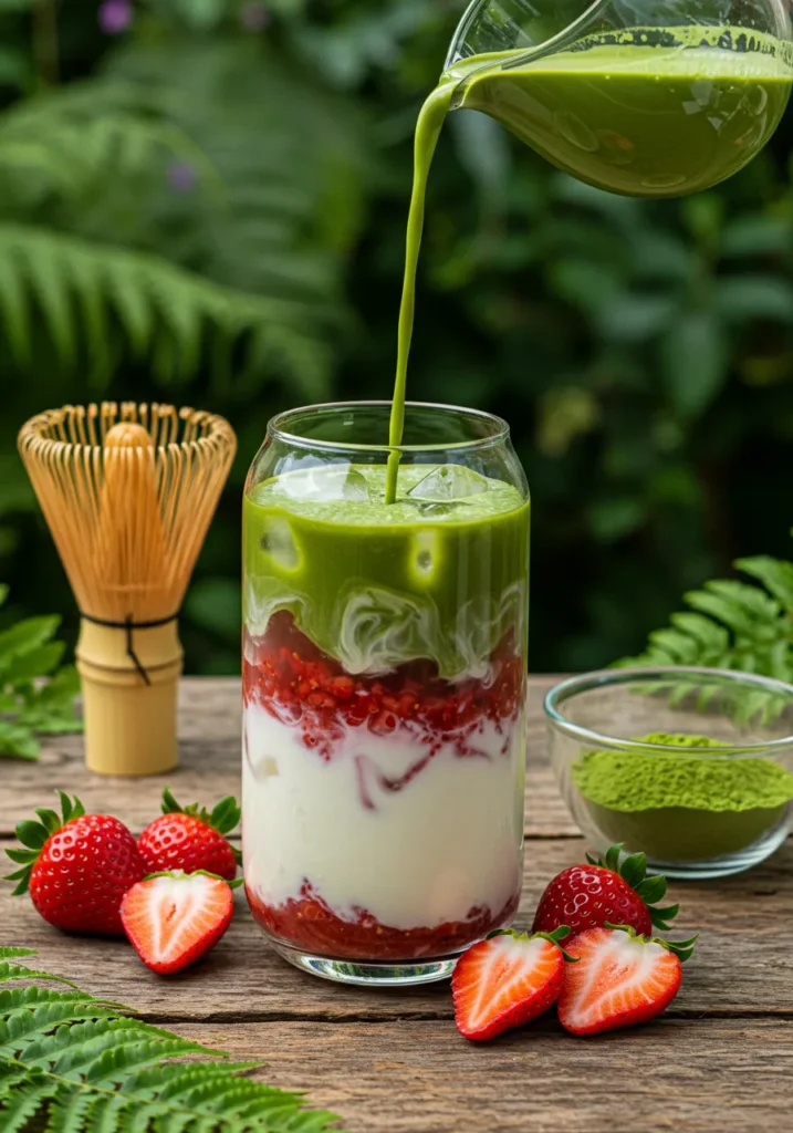 Layered strawberry matcha drink in a clear glass with a glass straw on a white surface.