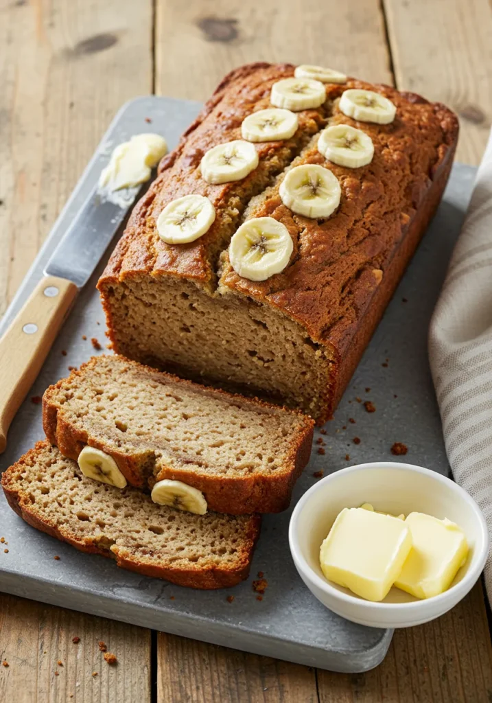 4 simple ingredients for banana bread: ripe bananas, eggs, cake mix, and chopped walnuts.