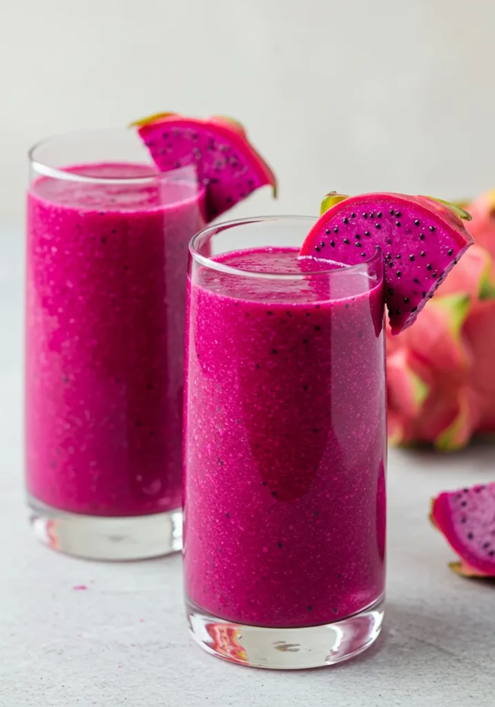 A glass of fresh dragon fruit juice with ice and lime garnish.