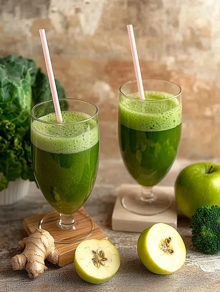 Fresh green juice being poured into a glass with leafy greens and lemon on the side.
