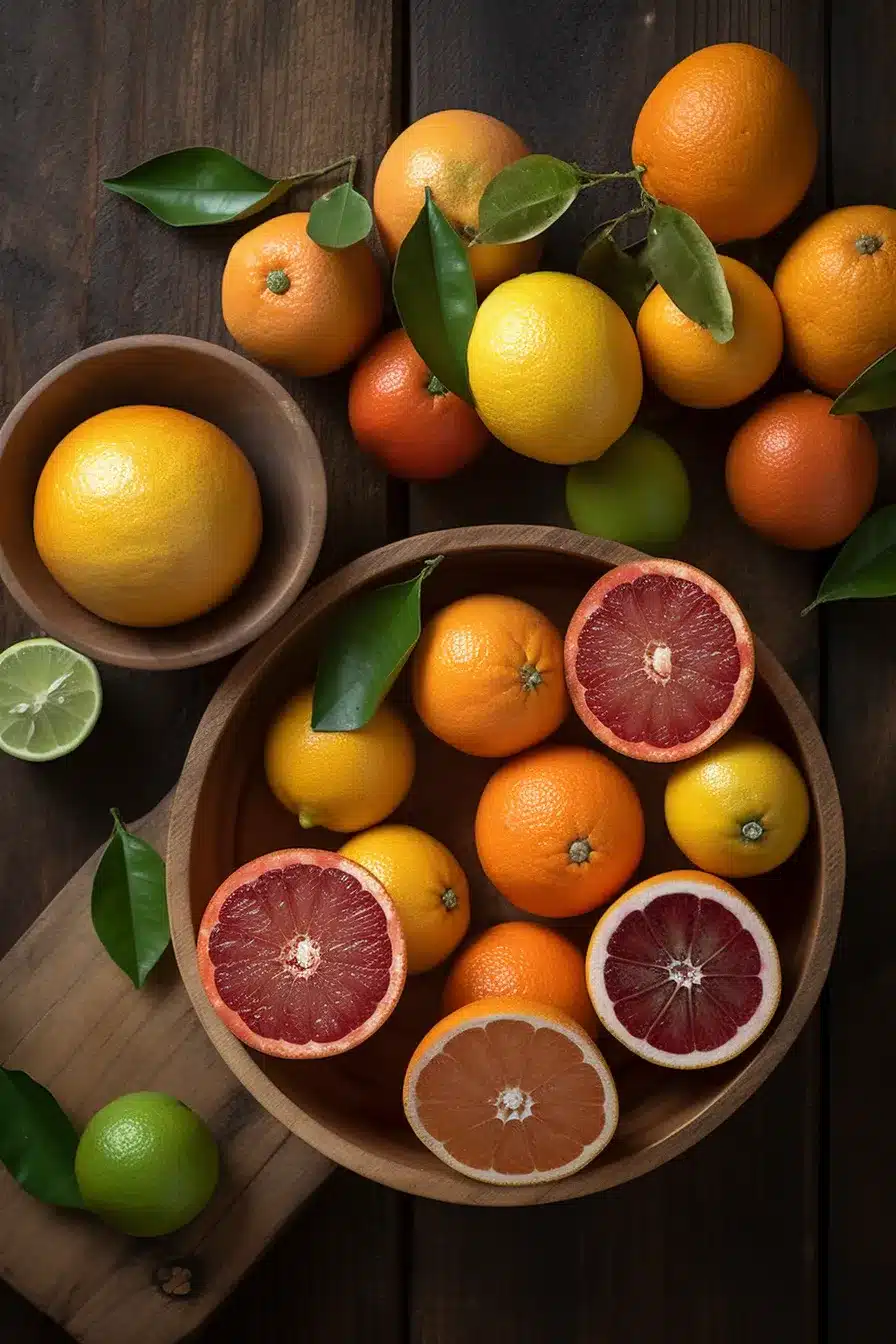 Fresh Oranges and Citrus Prep Essentials_Webp Fresh citrus fruits with rinsing setup
