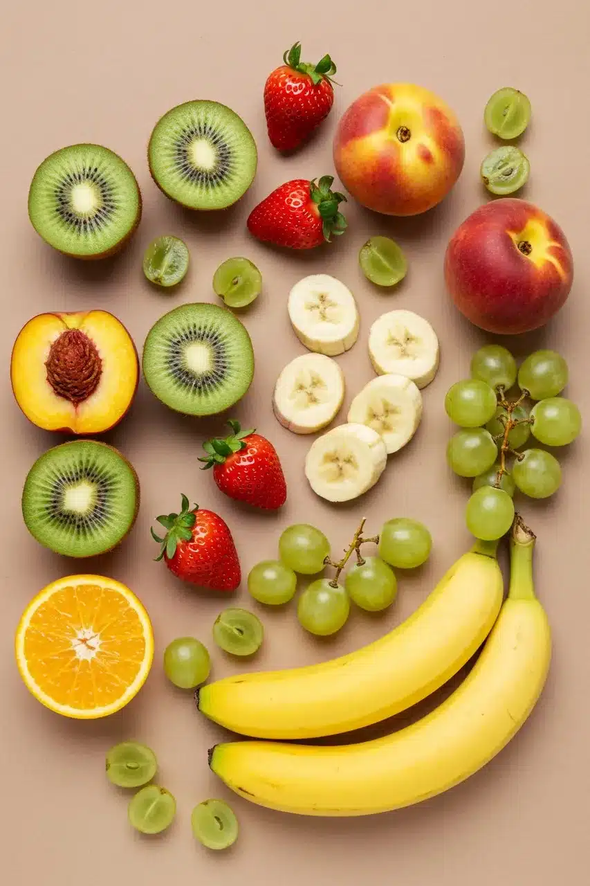 Fresh fruit ingredients including kiwi, banana, grapes, peach, and strawberries