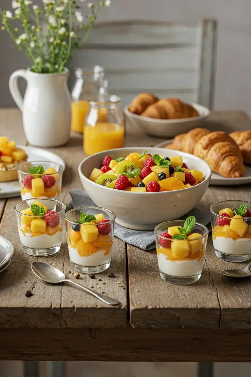Individual servings of fresh fruit salad with mint, surrounded by brunch items on a wooden table