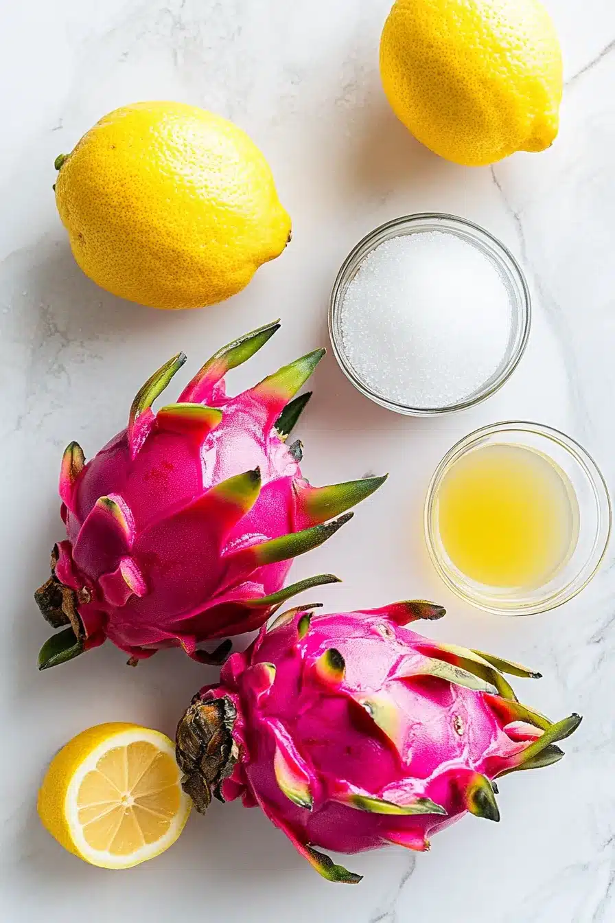 Ingredients for Homemade Dragon Fruit Sorbet Flat lay of dragon fruit sorbet ingredients