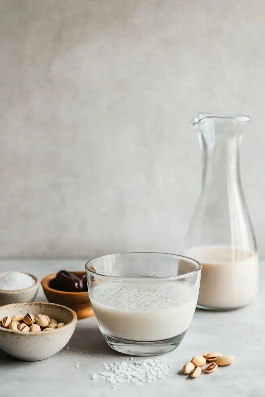 Soaked pistachios and ingredients for pistachio milk on a rustic counter