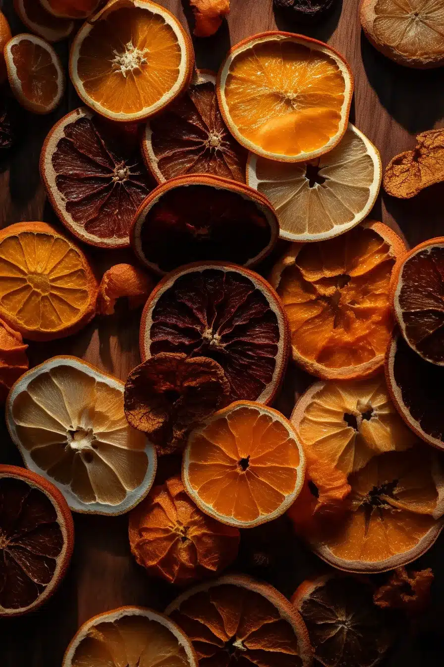 Rustic Dried Orange Slices Flat Lay result_Webp Dried orange slices and peels on a wooden surface