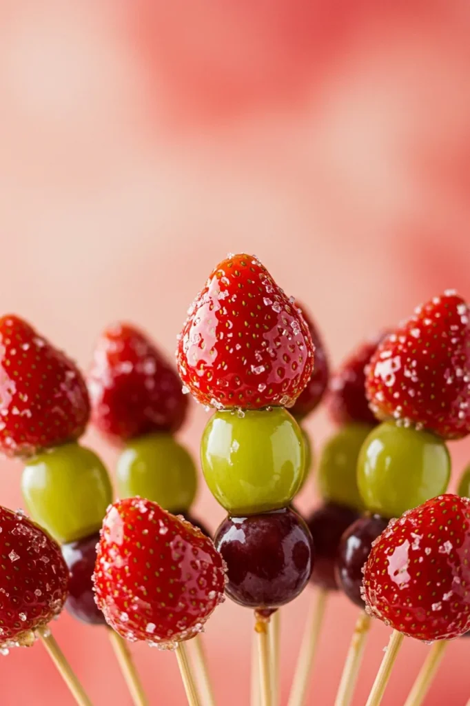 Shiny sugar-coated tanghulu skewers with strawberries and grapes