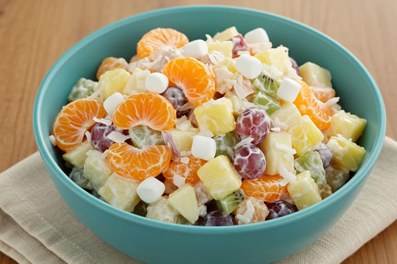 Colorful creamy fruit salad in a bowl with fresh fruit and dressing