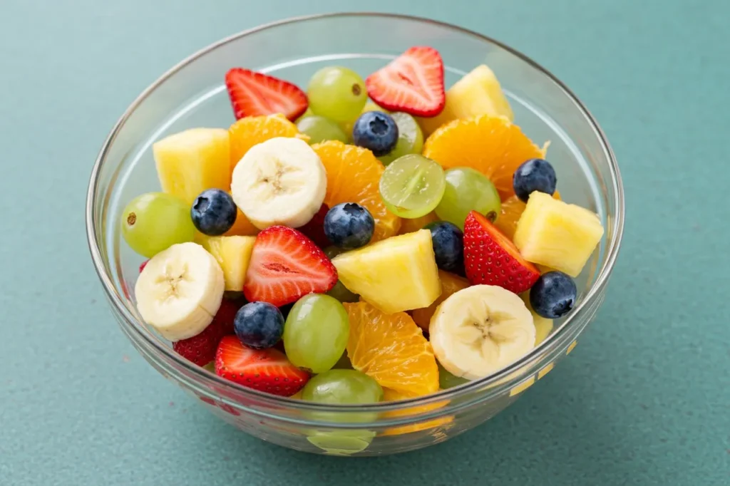 Overhead view of a colorful fruit medley in a white bowl