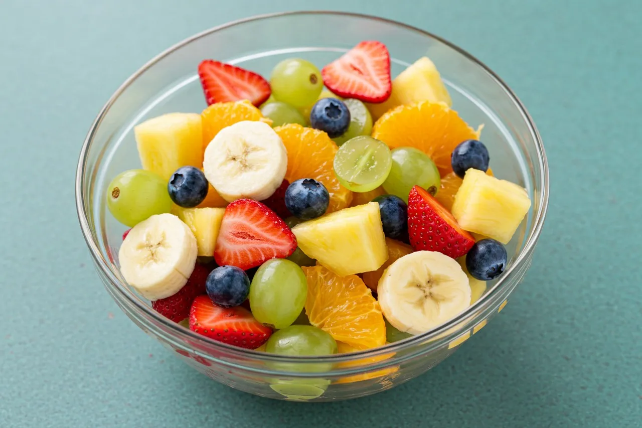 Overhead view of a colorful fruit medley in a white bowl