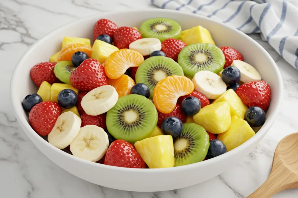 Bowl of fresh honey lime fruit salad with vibrant, colorful fruit.