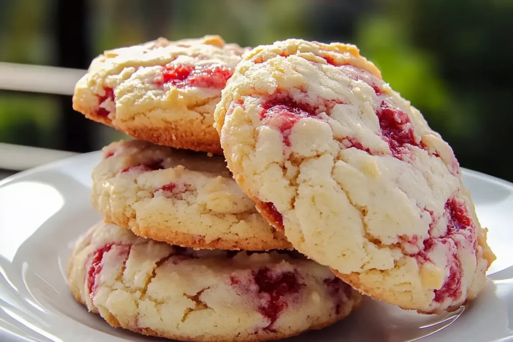 Close-up of soft raspberry cheesecake cookies with visible creamy swirls and raspberry bits