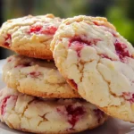 Close-up of soft raspberry cheesecake cookies with visible creamy swirls and raspberry bits