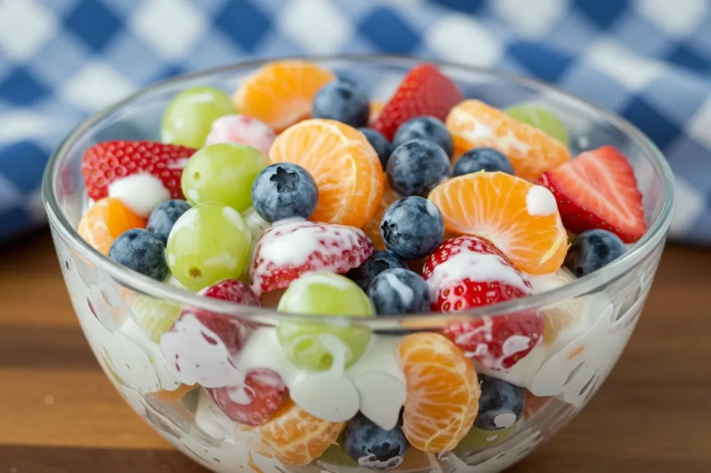 Colorful bowl of Skinny Ambrosia Fruit Salad with grapes, oranges, and creamy yogurt dressing.