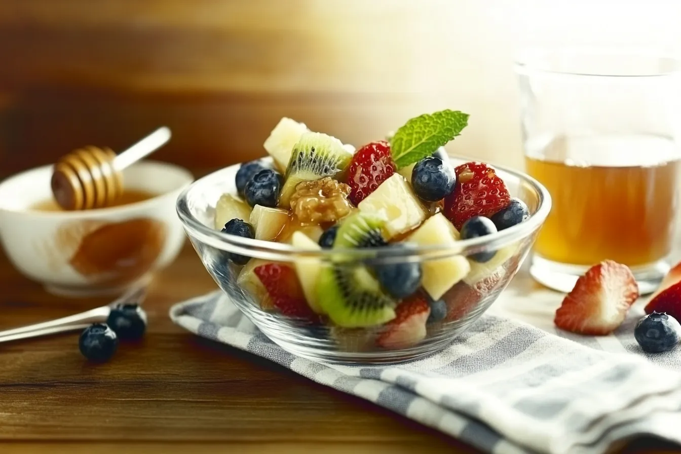 A fresh and colorful breakfast fruit salad with a mix of seasonal fruits