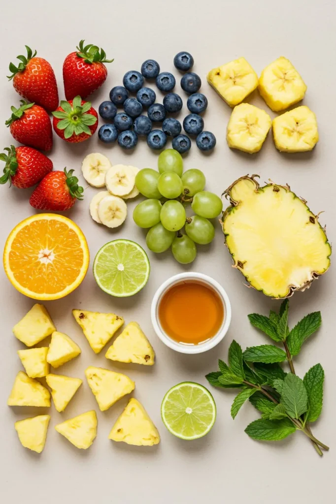 Overhead view of a colorful fruit medley in a white bowl