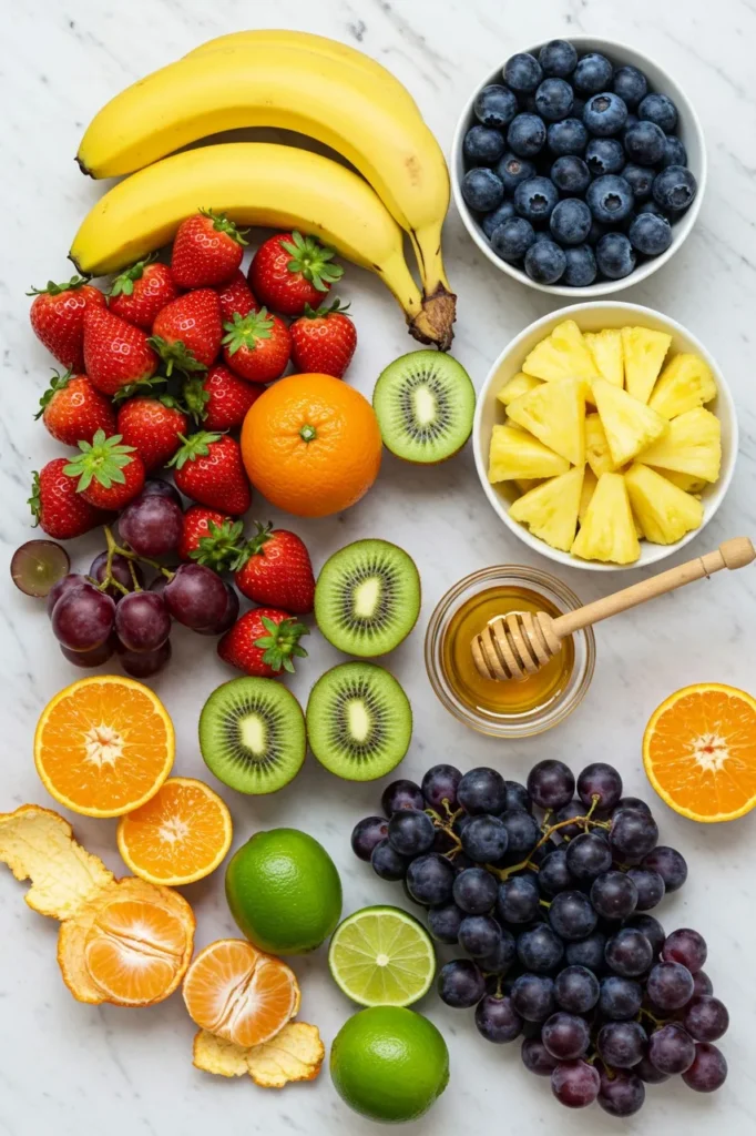 Bowl of fresh honey lime fruit salad with vibrant, colorful fruit.