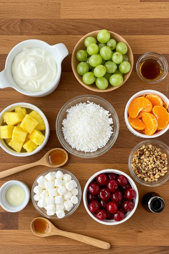 Colorful bowl of Skinny Ambrosia Fruit Salad with grapes, oranges, and creamy yogurt dressing.