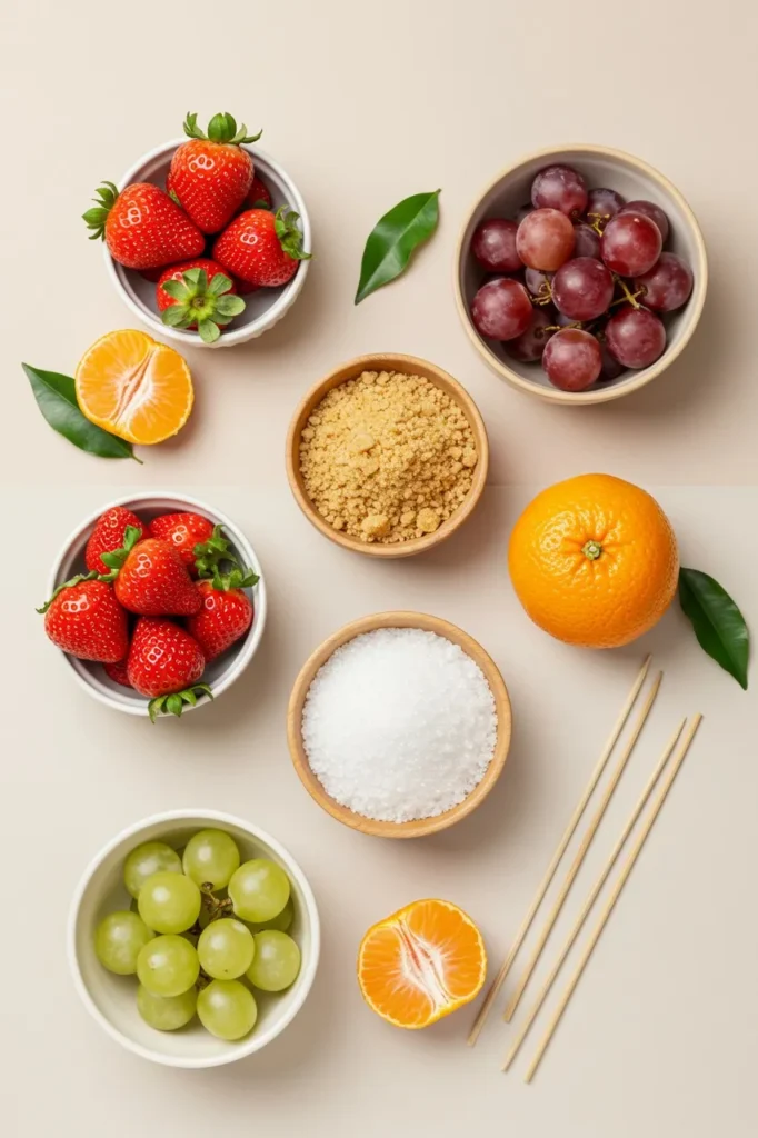 Tanghulu ingredients flatlay with strawberries, grapes, sugar, and skewers on soft coral background