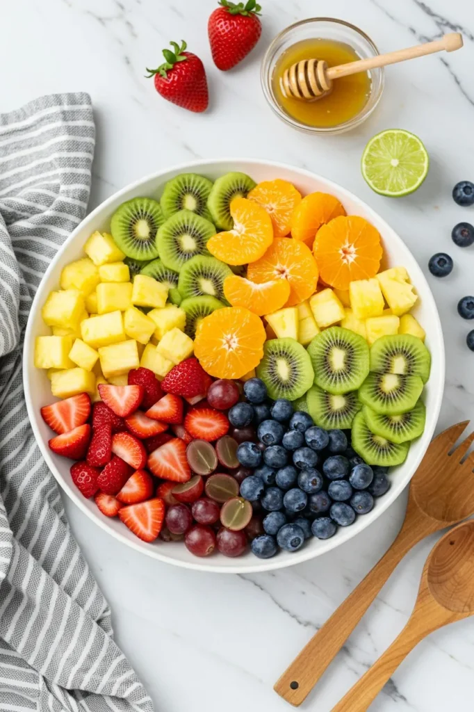 Bowl of fresh honey lime fruit salad with vibrant, colorful fruit.