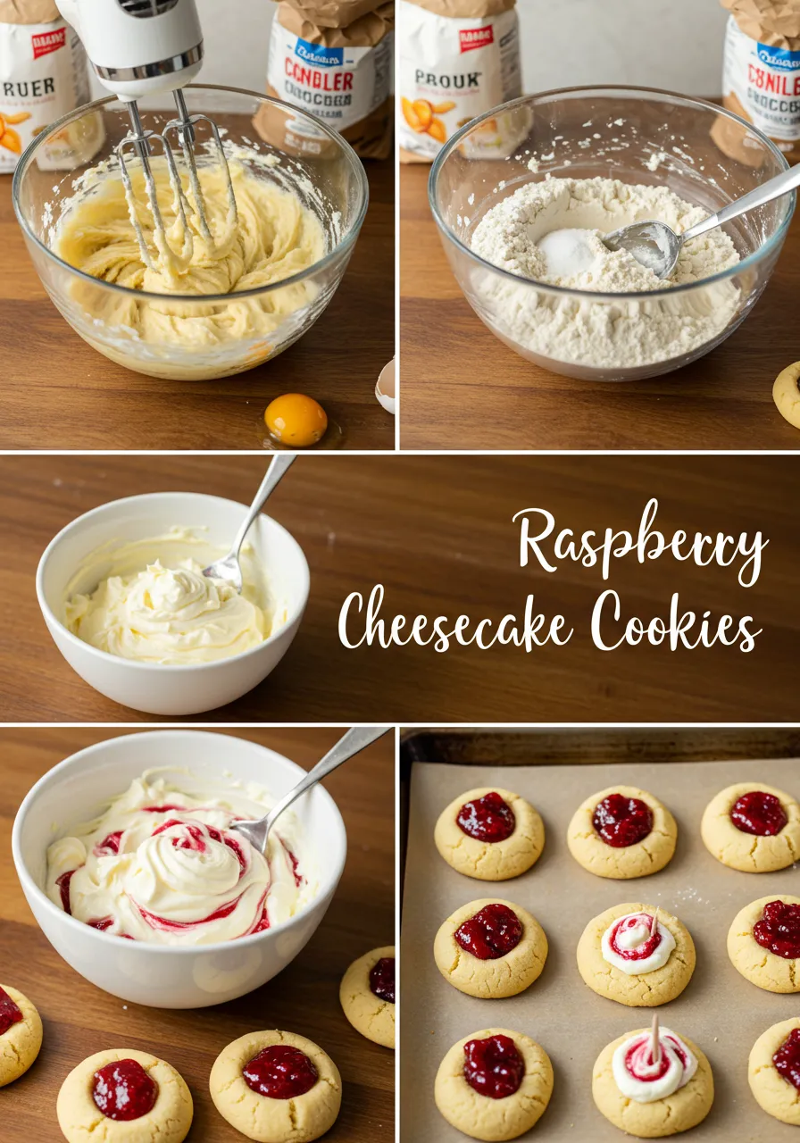 Close-up of soft raspberry cheesecake cookies with visible creamy swirls and raspberry bits