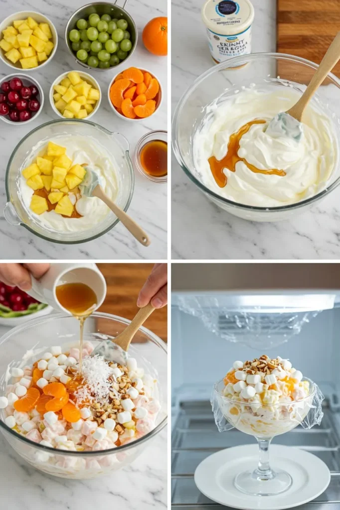 Colorful bowl of Skinny Ambrosia Fruit Salad with grapes, oranges, and creamy yogurt dressing.