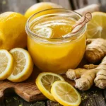 Flat lay of lemon ginger detox juice with fresh ingredients