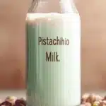 A bottle of homemade pistachio milk surrounded by raw pistachios