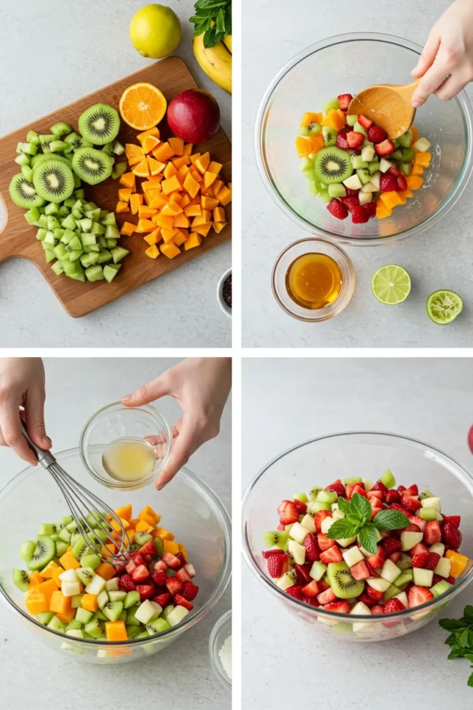 Overhead view of a colorful fruit medley in a white bowl