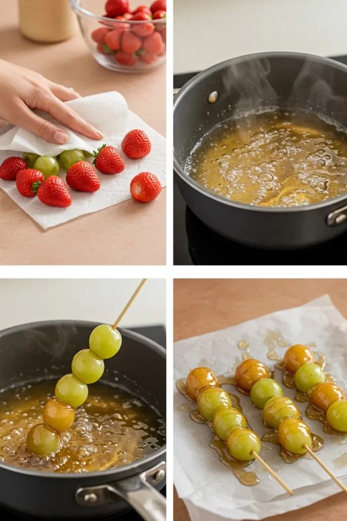 Tanghulu recipe process from fruit prep to sugar coating in 4 steps