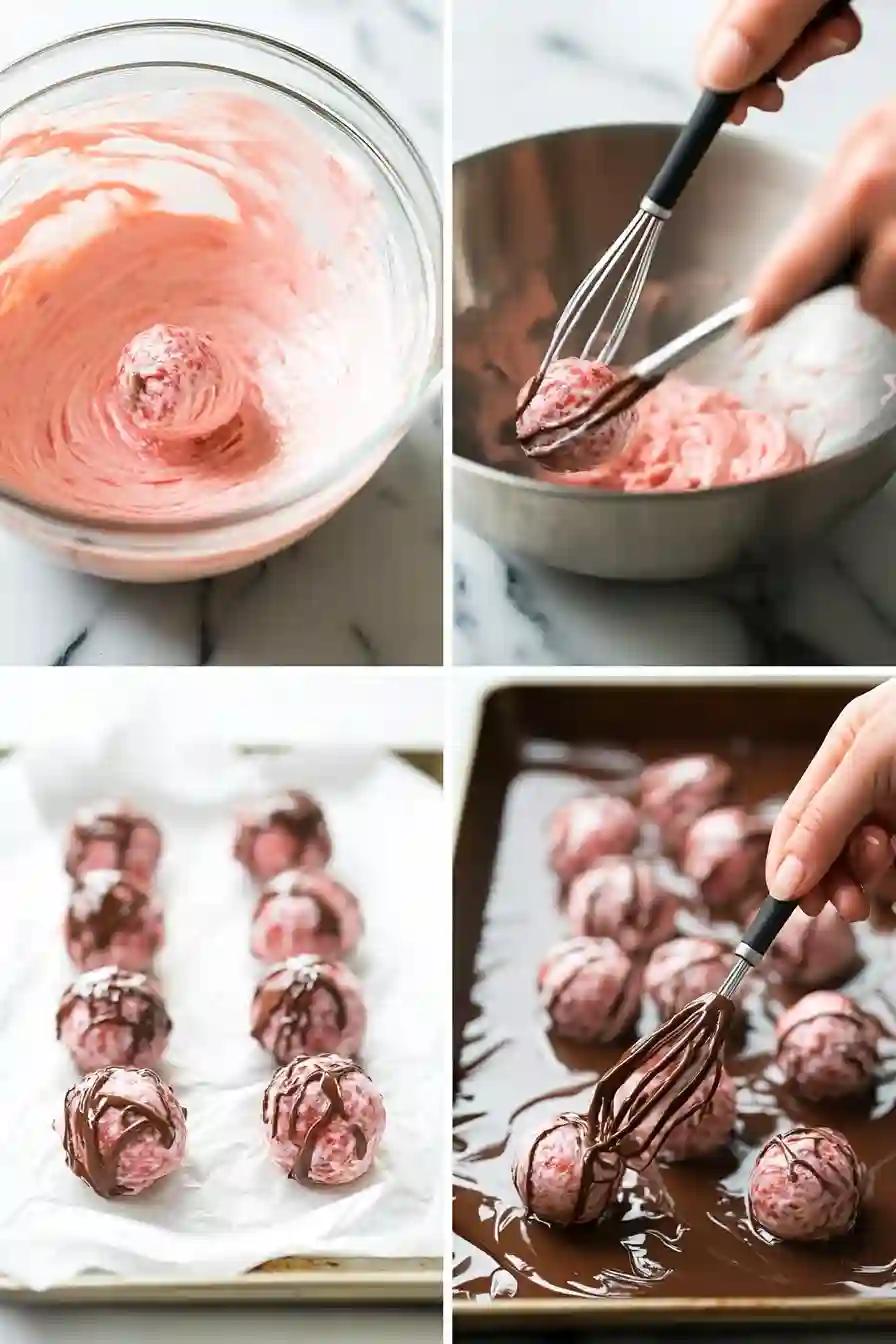 How to Make Strawberry Bon Bons_compressed Four-step preparation of strawberry bon bons including mixing, scooping, freezing, and dipping in chocolate