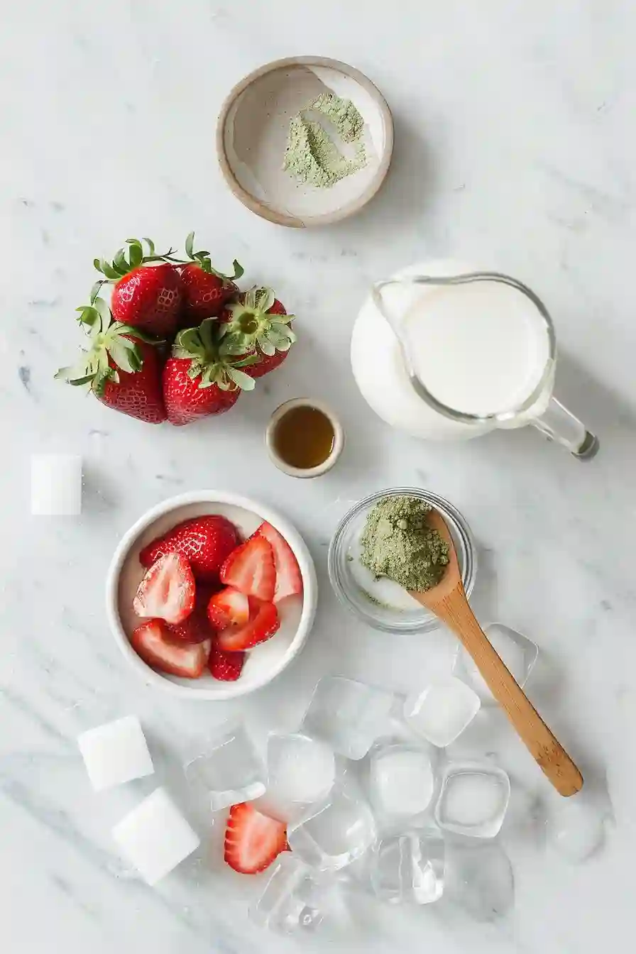 Ingredients for Iced Strawberry Matcha Latte_compressed Fresh ingredients for iced strawberry matcha latte on a marble counter