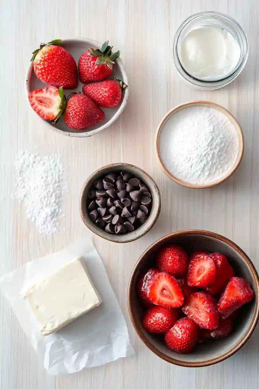 Strawberry Bon Bon Ingredients Flat lay of strawberry bon bon ingredients including cream cheese, cream, powdered sugar, fruit filling, and chocolate chips