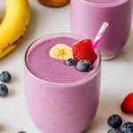 Banana berry protein smoothie in a tall glass