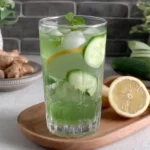 lemon ginger cucumber water in glass with mint