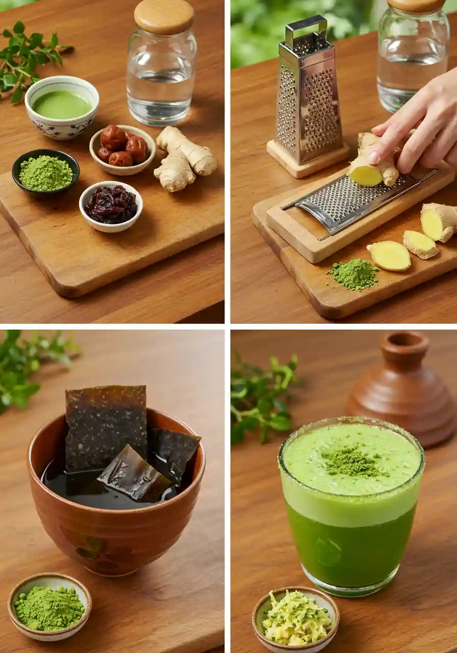 japanese-mounjaro-recipe-steps-collage tep-by-step process of making Japanese Mounjaro drink: ingredients, grating ginger, steeping kombu, and final drink served in a red brick Japanese teacup.